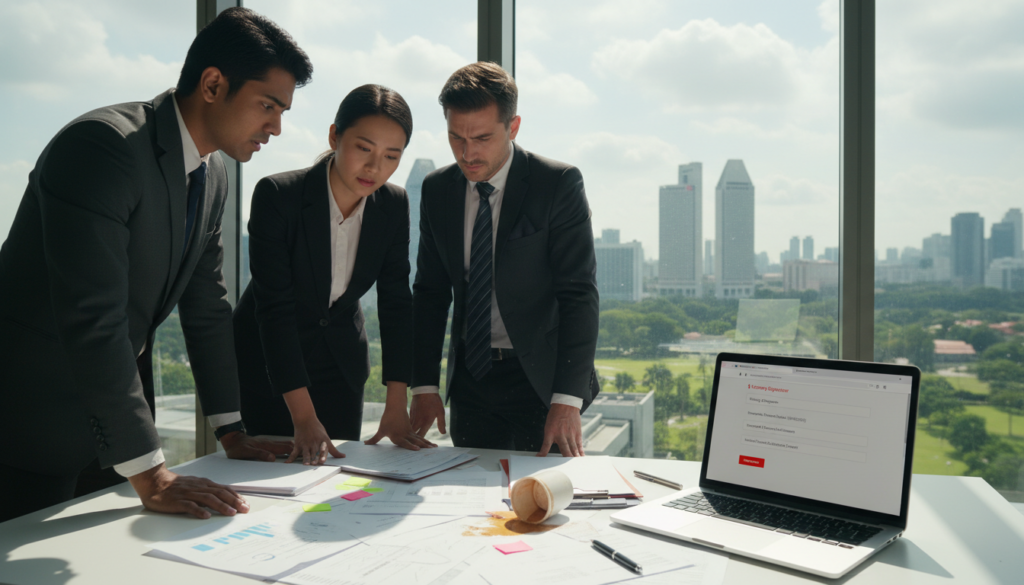 A photorealistic scene capturing common mistakes during Singapore company registration. In the foreground, a diverse group of three business professionals dressed in formal attire, examining documents with concerned expressions. In the middle, a cluttered desk with scattered papers, an overturned coffee cup, and a laptop displaying an open registration website, highlighting errors like missing signatures and incorrect details. In the background, a window showcasing Singapore’s skyline, hinting at the city’s vibrant business environment. Soft, natural lighting streams through the window, creating a focused yet tense atmosphere, accentuating the urgency of the situation while suggesting the potential for improvement and learning from mistakes.