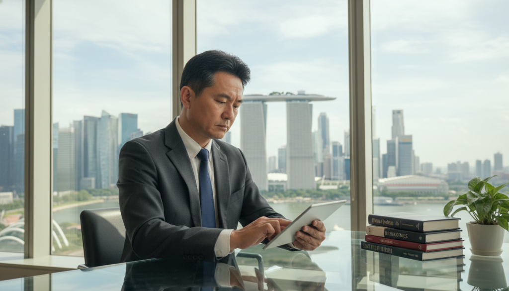A photorealistic scene depicting a foreign business director in a modern office environment, set in Singapore. In the foreground, a professional-looking middle-aged Asian male director, dressed in a tailored gray suit and a crisp white shirt, is seated at a sleek glass desk, reviewing documents on a tablet. The background features a panoramic view of Singapore's skyline through large floor-to-ceiling windows, showcasing iconic buildings like Marina Bay Sands. Soft, natural lighting filters through the windows, casting a warm glow over the scene. In the middle ground, there are office plants and a few business-related books stacked neatly. The overall mood is focused and dynamic, reflecting the theme of cross-border business arrangements and professionalism in a vibrant city. A photorealistic scene depicting a foreign business director in a modern office environment, set in Singapore. In the foreground, a professional-looking middle-aged Asian male director, dressed in a tailored gray suit and a crisp white shirt, is seated at a sleek glass desk, reviewing documents on a tablet. The background features a panoramic view of Singapore's skyline through large floor-to-ceiling windows, showcasing iconic buildings like Marina Bay Sands. Soft, natural lighting filters through the windows, casting a warm glow over the scene. In the middle ground, there are office plants and a few business-related books stacked neatly. The overall mood is focused and dynamic, reflecting the theme of cross-border business arrangements and professionalism in a vibrant city.