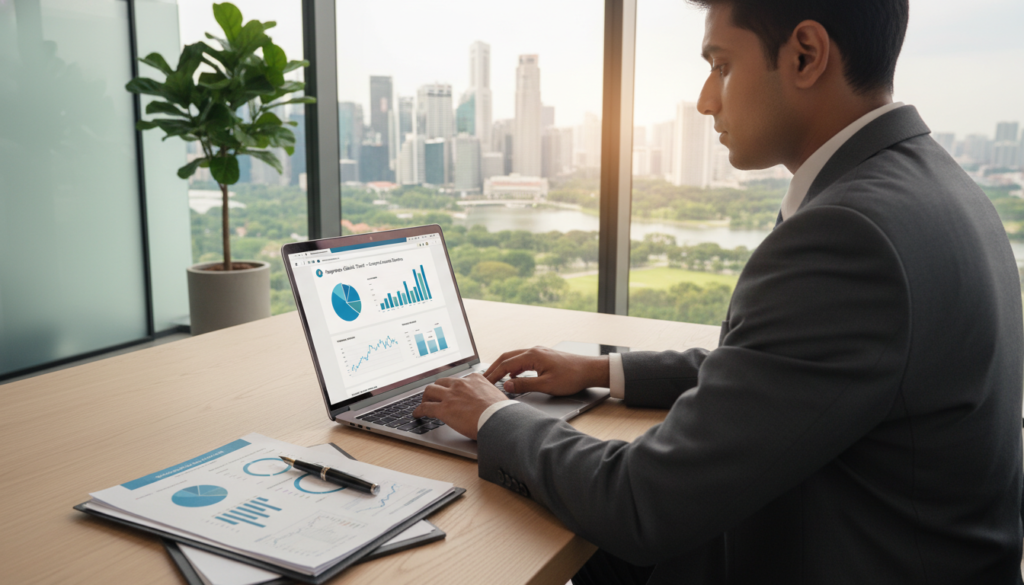 A photorealistic scene depicting a modern corporate bank account setup. In the foreground, a well-organized desk with a sleek laptop open, displaying a digital banking interface. Next to it, a stylish pen beside a stack of financial documents, showcasing charts and graphs. In the middle ground, a professional-looking individual wearing business attire, focused and engaged, typing on the laptop, surrounded by a minimalistic office environment. The background features a view of a bustling cityscape, hinting at Singapore, with skyscrapers and green spaces, reflecting a vibrant financial hub. Soft, natural lighting filters through large windows, creating a warm yet professional atmosphere. A photorealistic scene depicting a modern corporate bank account setup. In the foreground, a well-organized desk with a sleek laptop open, displaying a digital banking interface. Next to it, a stylish pen beside a stack of financial documents, showcasing charts and graphs. In the middle ground, a professional-looking individual wearing business attire, focused and engaged, typing on the laptop, surrounded by a minimalistic office environment. The background features a view of a bustling cityscape, hinting at Singapore, with skyscrapers and green spaces, reflecting a vibrant financial hub. Soft, natural lighting filters through large windows, creating a warm yet professional atmosphere.