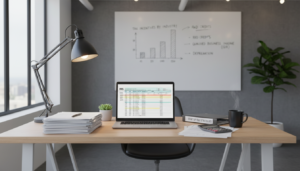 A photorealistic scene depicting a modern office workspace with a focus on tax-related materials for startups. In the foreground, there are neatly arranged papers, a laptop open to a spreadsheet, and a calculator. Middle-ground elements include an inviting desk lamp casting warm light over a set of tax documents and a cup of coffee. The workspace is furnished in a light, minimalist style, with plants and a whiteboard displaying tax incentives and graphs in the background. The atmosphere is professional and focused, highlighting the importance of tax planning for startups. The lighting is soft yet bright, creating an encouraging mood that inspires productivity and clarity in financial planning.