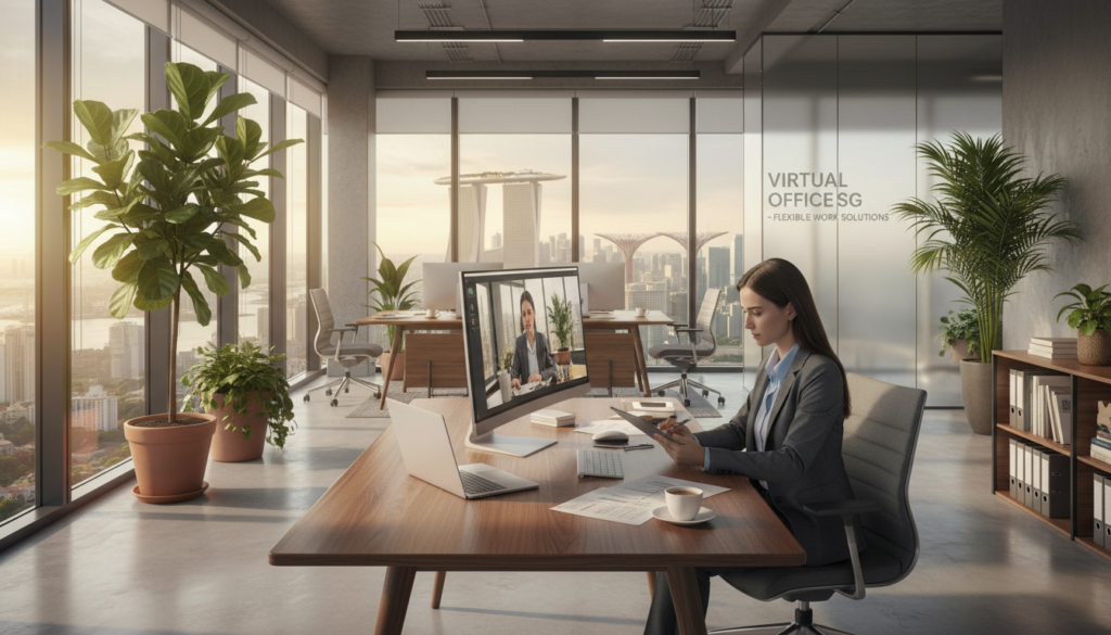 A photorealistic scene depicting a modern virtual office environment in Singapore. In the foreground, a sleek desk with a high-tech computer setup, papers, and a stylish coffee cup. To the left, a professional businesswoman dressed in formal attire reviews a document, her expression focused and engaged. The middle ground features a contemporary office space with large windows showcasing a vibrant city skyline, allowing natural light to flood the room, creating a warm atmosphere. In the background, subtle hints of greenery from indoor plants add a touch of freshness. The overall mood is professional yet inviting, emphasizing the concept of virtual office services and flexibility. The image should capture clarity, with soft shadows, sharp details, and a balanced perspective.