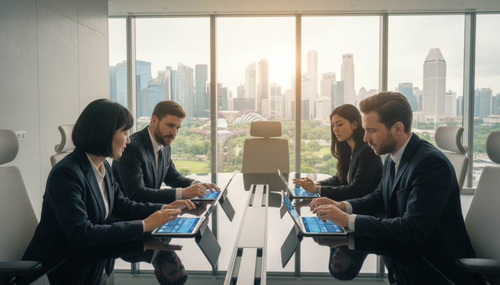 A photorealistic scene depicting professional individuals in business attire engaged in a discussion around a sleek, modern conference table adorned with digital tablets displaying pricing platform interfaces. In the foreground, diverse business professionals—an Asian woman, a Caucasian man, and an Indian woman—are attentively analyzing data presented on the screens, their expressions focused and collaborative. The middle ground features a stylish office setting with large windows allowing natural light to flood the space, casting soft shadows. The background presents a cityscape of Singapore, showcasing iconic skyscrapers and greenery, reflecting a blend of tradition and modernity. The overall atmosphere is dynamic and focused, conveying a sense of innovation and professionalism.