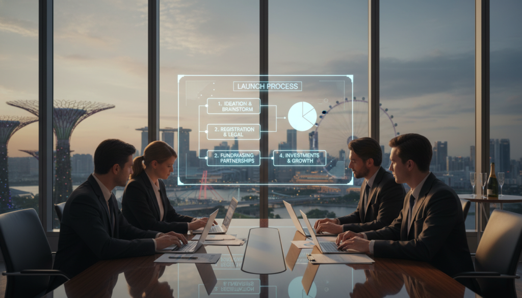 A photorealistic scene depicting the incorporation and launch process of a venture capital company in Singapore. In the foreground, a diverse group of four professionals in business attire gathers around a sleek conference table, reviewing documents and digital presentations on laptops. The middle layer features a large screen displaying a flowchart with key steps: brainstorming, registration, fundraising, and investments. In the background, a modern office with floor-to-ceiling windows reveals a vibrant cityscape of Singapore, showcasing iconic landmarks. Soft, natural lighting floods the room, creating a focused and energetic atmosphere. The overall mood is one of collaboration and innovation, reflecting the journey from concept to first close in the venture capital landscape.