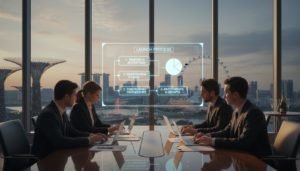 A photorealistic scene depicting the incorporation and launch process of a venture capital company in Singapore. In the foreground, a diverse group of four professionals in business attire gathers around a sleek conference table, reviewing documents and digital presentations on laptops. The middle layer features a large screen displaying a flowchart with key steps: brainstorming, registration, fundraising, and investments. In the background, a modern office with floor-to-ceiling windows reveals a vibrant cityscape of Singapore, showcasing iconic landmarks. Soft, natural lighting floods the room, creating a focused and energetic atmosphere. The overall mood is one of collaboration and innovation, reflecting the journey from concept to first close in the venture capital landscape.