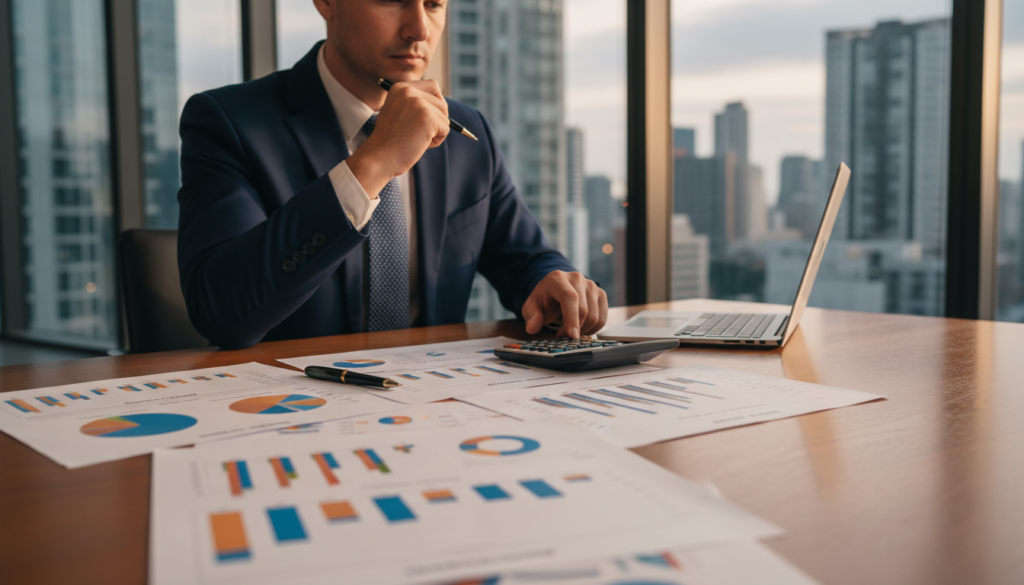 A photorealistic scene focusing on financial statements on a polished wooden conference table. In the foreground, several open financial reports with detailed graphs and charts are scattered alongside a sleek black pen and a calculator. The middle of the image shows a business professional in smart attire, deep in thought, reviewing the documents. The background features a well-lit modern office with large windows showcasing a city skyline, casting soft natural light across the room. The atmosphere is serious yet focused, conveying a sense of urgency and professionalism regarding financial responsibilities and deadlines. The image should be clear, with soft shadows and a warm color palette, enhancing the important nature of the subject. A photorealistic scene focusing on financial statements on a polished wooden conference table. In the foreground, several open financial reports with detailed graphs and charts are scattered alongside a sleek black pen and a calculator. The middle of the image shows a business professional in smart attire, deep in thought, reviewing the documents. The background features a well-lit modern office with large windows showcasing a city skyline, casting soft natural light across the room. The atmosphere is serious yet focused, conveying a sense of urgency and professionalism regarding financial responsibilities and deadlines. The image should be clear, with soft shadows and a warm color palette, enhancing the important nature of the subject.