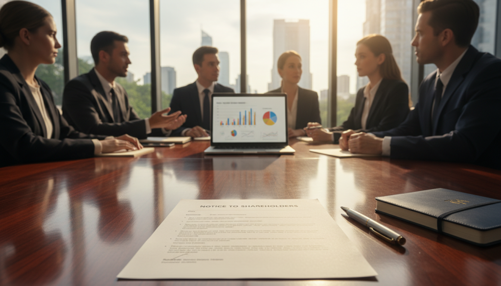 A photorealistic scene of a formal corporate environment, showcasing a well-organized "Notice to Shareholders" document prominently featured on a polished wooden boardroom table. In the foreground, the document is surrounded by elegant stationery, including a sleek pen and a stylish notebook. In the middle ground, a diverse group of business professionals, all dressed in professional attire, are engaged in discussion, with a modern laptop open, displaying graphs and data. The background features a large window allowing natural light to filter in, illuminating the room with a warm ambiance. The atmosphere conveys professionalism and focus, appropriate for a meeting. The overall composition highlights the importance of communication in corporate governance, emphasizing the significance of issuing valid notices to shareholders.