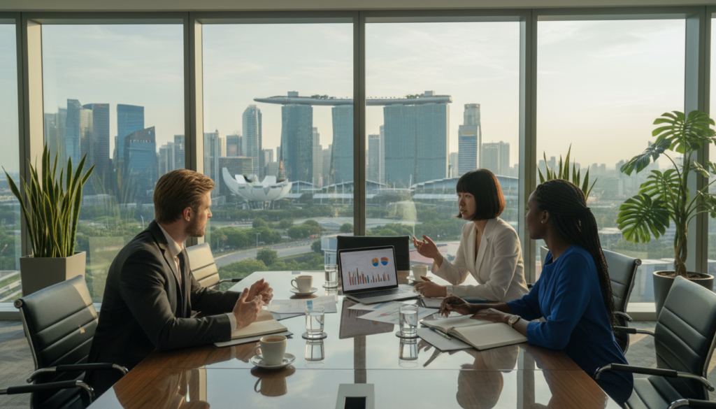 A photorealistic scene of a modern office environment representing a holding company in Singapore. In the foreground, a diverse group of three business professionals, a Caucasian man, an Asian woman, and a Black woman, are engaged in a discussion around a sleek conference table filled with documents and a laptop displaying financial graphs. In the middle ground, large windows reveal the iconic Singapore skyline with skyscrapers and the Marina Bay Sands in the background, bathed in warm afternoon light. The atmosphere is collaborative and focused, with green plants enhancing the professional setting. Capture the essence of optimism and innovation in the workspace, using a slightly elevated angle to emphasize the teamwork. A photorealistic scene of a modern office environment representing a holding company in Singapore. In the foreground, a diverse group of three business professionals, a Caucasian man, an Asian woman, and a Black woman, are engaged in a discussion around a sleek conference table filled with documents and a laptop displaying financial graphs. In the middle ground, large windows reveal the iconic Singapore skyline with skyscrapers and the Marina Bay Sands in the background, bathed in warm afternoon light. The atmosphere is collaborative and focused, with green plants enhancing the professional setting. Capture the essence of optimism and innovation in the workspace, using a slightly elevated angle to emphasize the teamwork.
