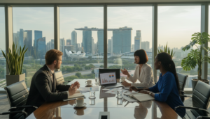 A photorealistic scene of a modern office environment representing a holding company in Singapore. In the foreground, a diverse group of three business professionals, a Caucasian man, an Asian woman, and a Black woman, are engaged in a discussion around a sleek conference table filled with documents and a laptop displaying financial graphs. In the middle ground, large windows reveal the iconic Singapore skyline with skyscrapers and the Marina Bay Sands in the background, bathed in warm afternoon light. The atmosphere is collaborative and focused, with green plants enhancing the professional setting. Capture the essence of optimism and innovation in the workspace, using a slightly elevated angle to emphasize the teamwork.