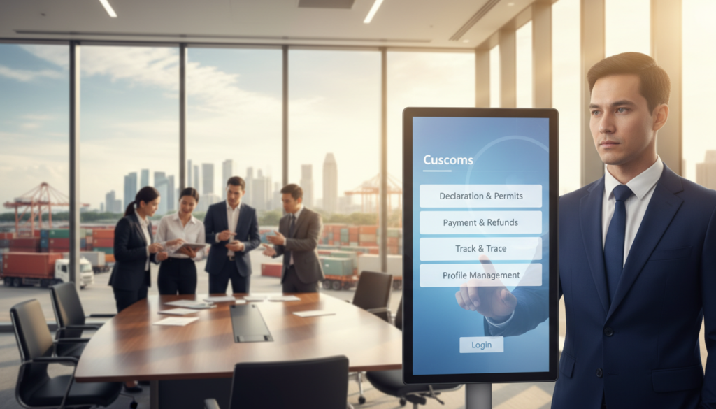 A photorealistic scene showcasing a modern Singapore Customs office. In the foreground, a focus on a sleek digital interface displaying customs account options on a high-resolution touchscreen, with a professional individual in smart business attire actively engaging with the platform. The middle layer features a contemporary office setting with staff members collaborating around a conference table, examining documents, and discussing logistics, all framed by large windows showing the bustling Singapore skyline. The background captures elements of the customs process, such as cargo containers and transportation vehicles visible in the distance. Bright, natural lighting illuminates the scene, creating a productive and professional atmosphere, while a slight depth of field adds emphasis to the digital customs interface. A photorealistic scene showcasing a modern Singapore Customs office. In the foreground, a focus on a sleek digital interface displaying customs account options on a high-resolution touchscreen, with a professional individual in smart business attire actively engaging with the platform. The middle layer features a contemporary office setting with staff members collaborating around a conference table, examining documents, and discussing logistics, all framed by large windows showing the bustling Singapore skyline. The background captures elements of the customs process, such as cargo containers and transportation vehicles visible in the distance. Bright, natural lighting illuminates the scene, creating a productive and professional atmosphere, while a slight depth of field adds emphasis to the digital customs interface.