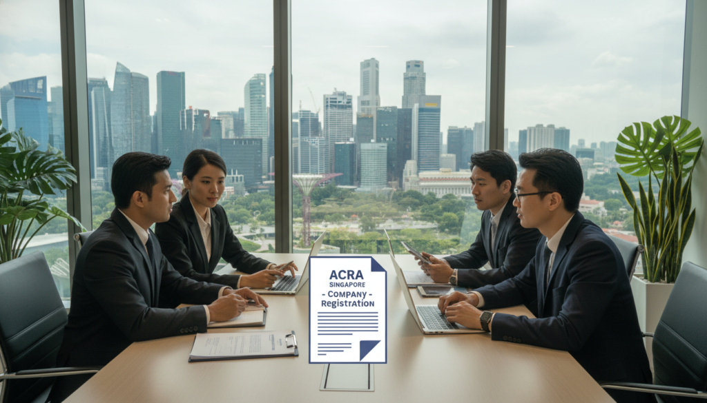 A photorealistic scene showcasing a professional business environment symbolizing the key requirements for holding company registration in Singapore. In the foreground, a diverse group of three professionals, two men and one woman, dressed in smart business attire, are engaged in a discussion around a sleek, modern conference table with documents and laptops open in front of them. In the middle ground, a large window offers a view of Singapore's iconic skyline, highlighting the city’s blend of modern architecture and greenery. The background features a softly lit office with potted plants, symbolizing growth and stability. The mood is focused and collaborative, with natural light illuminating the scene, emphasizing professionalism and clarity. A photorealistic scene showcasing a professional business environment symbolizing the key requirements for holding company registration in Singapore. In the foreground, a diverse group of three professionals, two men and one woman, dressed in smart business attire, are engaged in a discussion around a sleek, modern conference table with documents and laptops open in front of them. In the middle ground, a large window offers a view of Singapore's iconic skyline, highlighting the city’s blend of modern architecture and greenery. The background features a softly lit office with potted plants, symbolizing growth and stability. The mood is focused and collaborative, with natural light illuminating the scene, emphasizing professionalism and clarity.