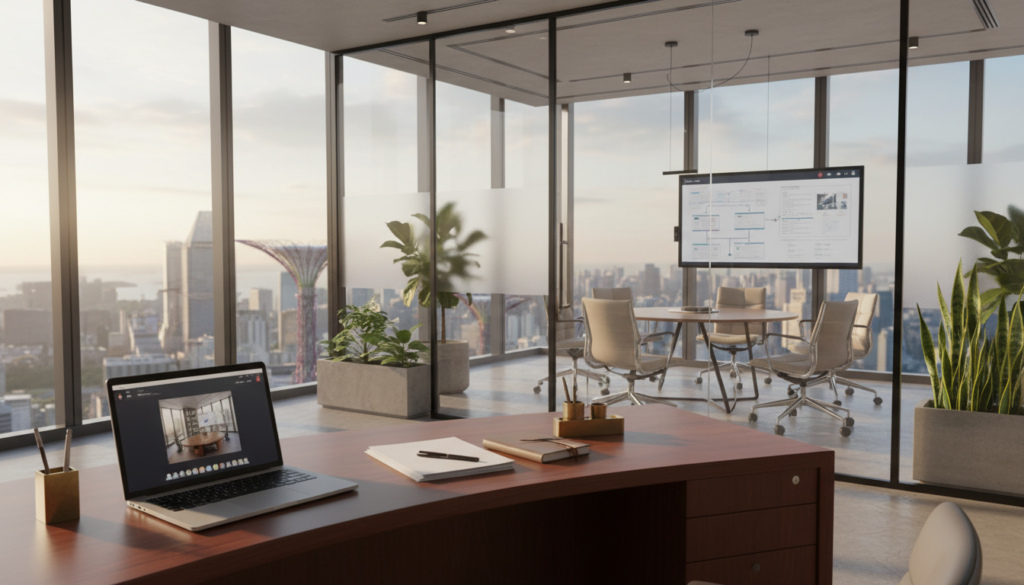 A photorealistic virtual office space designed for remote business, featuring a sleek, modern desk with a high-end laptop, neatly organized papers, and a stylish pen holder in the foreground. In the middle ground, a glass wall displaying a minimalistic meeting area with comfortable chairs, a whiteboard, and plants adding a touch of greenery. The background showcases a digital skyline of Singapore through the large windows, illuminated by soft, natural light coming from the morning sun. The mood is professional and inviting, creating a sense of productivity and focus. The atmosphere is calm and organized, reflecting a compliant and efficient remote working environment conducive to business operations.