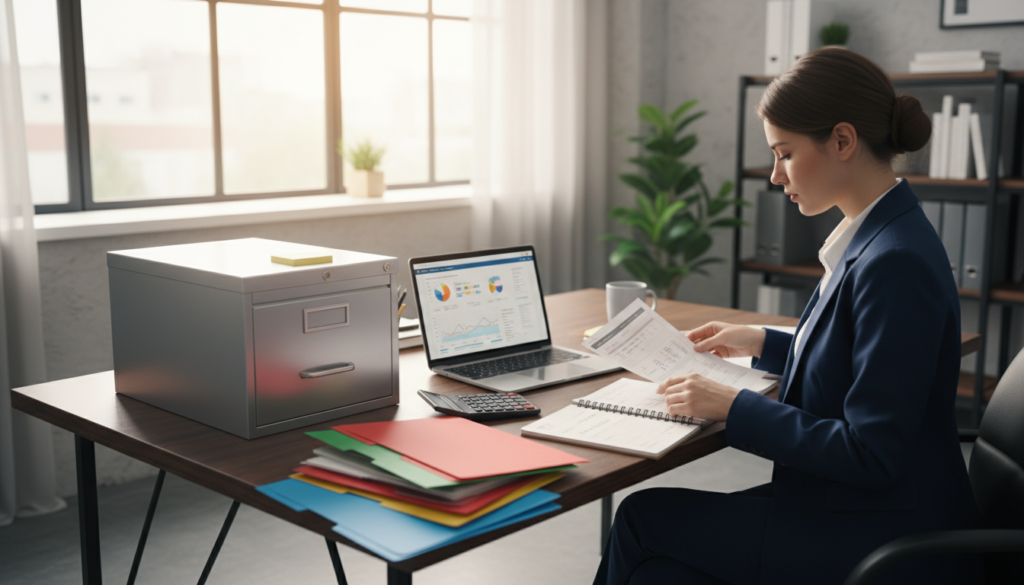 A polished office environment featuring a professional woman in business attire sitting at a desk, meticulously organizing financial documents and statements into a neat filing system. The foreground showcases an array of colorful folders and a sleek filing cabinet, emphasizing the theme of organization. In the middle, a laptop with financial software open displays charts and figures, while a calculator and notepad with handwritten notes add detail. The background features a large window with natural light streaming in, illuminating the space with a warm glow. The atmosphere is one of diligence and focus, highlighting the importance of filing financial statements accurately. The image should be photorealistic, with a shallow depth of field to keep attention on the filing task at hand and convey a sense of professionalism.