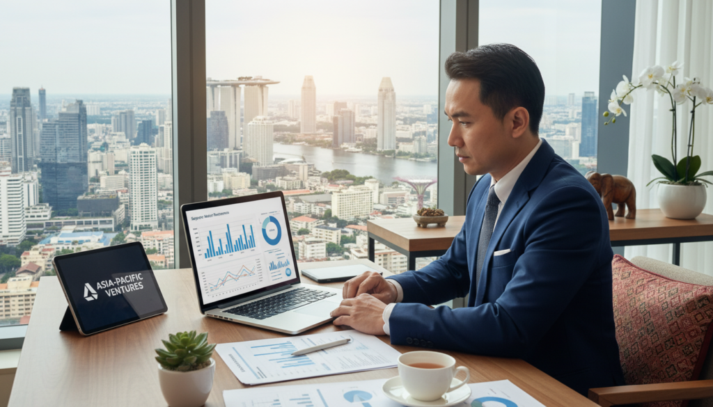 A professional Asian man in a smart business suit sitting at a modern desk, attentively managing a Singapore company from Thailand. The foreground shows a laptop with charts and data analysis on the screen. In the middle, there’s a tropical view through large windows, blending urban Bangkok and the skyline of Singapore. The background features subtle hints of typical Thai decor, like a potted orchid and wooden accents, emphasizing the cross-country management theme. The lighting is soft and professional, creating a warm atmosphere suitable for focused work. The angle is slightly elevated, capturing both the subject and the stunning vistas outside, reflecting a blend of professionalism and cultural integration in doing business. A professional Asian man in a smart business suit sitting at a modern desk, attentively managing a Singapore company from Thailand. The foreground shows a laptop with charts and data analysis on the screen. In the middle, there’s a tropical view through large windows, blending urban Bangkok and the skyline of Singapore. The background features subtle hints of typical Thai decor, like a potted orchid and wooden accents, emphasizing the cross-country management theme. The lighting is soft and professional, creating a warm atmosphere suitable for focused work. The angle is slightly elevated, capturing both the subject and the stunning vistas outside, reflecting a blend of professionalism and cultural integration in doing business.