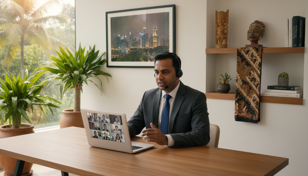 A professional Indian man in a tailored suit, seated at a modern desk with a laptop open, engaged in a video conference call. He is in a stylish home office that showcases elements of both Singapore and Indonesia, such as a framed skyline of Singapore on one wall and traditional Indonesian decor on a shelf. The lighting is bright and focused, creating a productive atmosphere. The camera angle is slightly elevated to capture the man’s focused expression as he gestures, conveying authority and professionalism. In the background, tropical plants peek through the window, hinting at the Indonesian landscape outside. Overall, the image conveys a sense of successful remote management and cross-border business engagement in a warm, contemporary setting. A professional Indian man in a tailored suit, seated at a modern desk with a laptop open, engaged in a video conference call. He is in a stylish home office that showcases elements of both Singapore and Indonesia, such as a framed skyline of Singapore on one wall and traditional Indonesian decor on a shelf. The lighting is bright and focused, creating a productive atmosphere. The camera angle is slightly elevated to capture the man’s focused expression as he gestures, conveying authority and professionalism. In the background, tropical plants peek through the window, hinting at the Indonesian landscape outside. Overall, the image conveys a sense of successful remote management and cross-border business engagement in a warm, contemporary setting.
