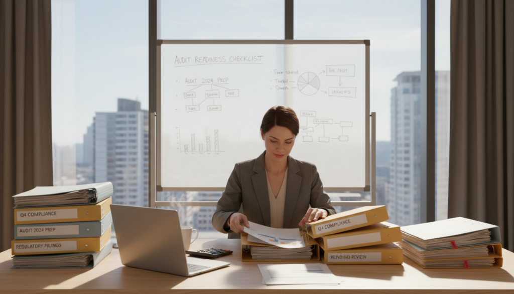 A professional accountant in a modern office setting, meticulously organizing financial documents related to compliance and audit readiness. In the foreground, a well-dressed individual (male or female) is seated at a sleek desk, surrounded by neatly stacked files, a laptop displaying accounting software, and a calculator. The middle background features a whiteboard with financial charts and compliance checklists, while natural light floods the room through large windows, illuminating the space and creating a productive atmosphere. The overall color palette is warm and inviting, with soft shadows emphasizing the sense of diligence and professionalism in the air. The perspective is slightly angled to capture the full essence of the workspace, conveying a vibe of focused productivity and meticulousness. A professional accountant in a modern office setting, meticulously organizing financial documents related to compliance and audit readiness. In the foreground, a well-dressed individual (male or female) is seated at a sleek desk, surrounded by neatly stacked files, a laptop displaying accounting software, and a calculator. The middle background features a whiteboard with financial charts and compliance checklists, while natural light floods the room through large windows, illuminating the space and creating a productive atmosphere. The overall color palette is warm and inviting, with soft shadows emphasizing the sense of diligence and professionalism in the air. The perspective is slightly angled to capture the full essence of the workspace, conveying a vibe of focused productivity and meticulousness.
