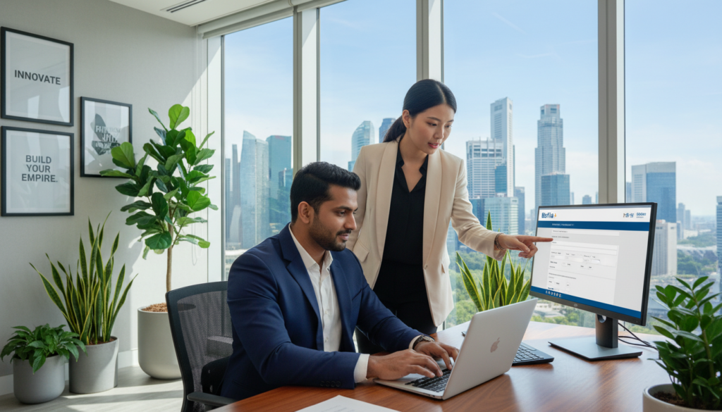 A professional and inviting office environment showcasing a diverse group of entrepreneurs engaged in a BizFile registration process. In the foreground, a focused South Asian businessman in formal attire is seated at a sleek desk, attentively reviewing documents on a laptop. Beside him, a poised East Asian woman, also in business attire, points at a side monitor displaying the BizFile+ interface. The middle ground features a large window with natural light streaming in, illuminating a modern workspace filled with plants and motivational posters. In the background, a bright cityscape of Singapore is visible, symbolizing innovation and growth. The overall atmosphere conveys a sense of professionalism and readiness to embark on a new business journey, with a clear, photorealistic focus. A professional and inviting office environment showcasing a diverse group of entrepreneurs engaged in a BizFile registration process. In the foreground, a focused South Asian businessman in formal attire is seated at a sleek desk, attentively reviewing documents on a laptop. Beside him, a poised East Asian woman, also in business attire, points at a side monitor displaying the BizFile+ interface. The middle ground features a large window with natural light streaming in, illuminating a modern workspace filled with plants and motivational posters. In the background, a bright cityscape of Singapore is visible, symbolizing innovation and growth. The overall atmosphere conveys a sense of professionalism and readiness to embark on a new business journey, with a clear, photorealistic focus.