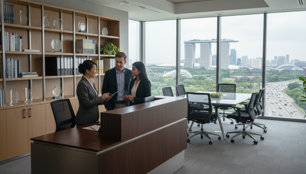 A professional and modern registered office setup, featuring a sleek reception area with a polished wooden desk and a well-organized shelf displaying business books and awards. In the foreground, a mid-aged Asian woman in professional attire is interacting with visitors, exuding a welcoming and efficient atmosphere. The middle layer includes a contemporary conference room with a large glass table, ergonomic chairs, and a stunning view of Singapore’s skyline through expansive windows. The background showcases an exterior view of a prestigious office building in Singapore, highlighting urban elements like greenery and bustling streets. Soft natural lighting creates a bright and inviting environment, capturing a clean and sophisticated mood. Photorealistic quality with a slight depth of field, emphasizing the office's professional atmosphere. A professional and modern registered office setup, featuring a sleek reception area with a polished wooden desk and a well-organized shelf displaying business books and awards. In the foreground, a mid-aged Asian woman in professional attire is interacting with visitors, exuding a welcoming and efficient atmosphere. The middle layer includes a contemporary conference room with a large glass table, ergonomic chairs, and a stunning view of Singapore’s skyline through expansive windows. The background showcases an exterior view of a prestigious office building in Singapore, highlighting urban elements like greenery and bustling streets. Soft natural lighting creates a bright and inviting environment, capturing a clean and sophisticated mood. Photorealistic quality with a slight depth of field, emphasizing the office's professional atmosphere.