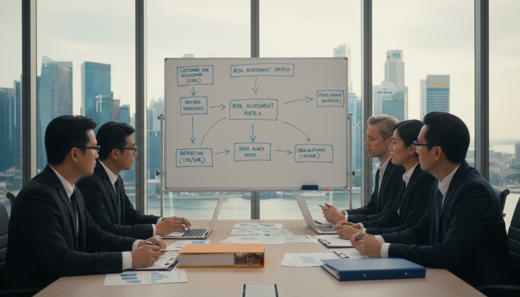 A professional business environment depicting Singapore's AML/CFT framework. In the foreground, a diverse group of business professionals in smart suits are engaged in a focused discussion around a large table filled with documents, laptops, and compliance-related materials. The middle shows a large whiteboard filled with flowcharts and graphs illustrating customer due diligence processes and compliance obligations. In the background, the skyline of Singapore is visible through large glass windows, bathed in soft natural light, creating an atmosphere of diligence and professionalism. The scene captures a sense of urgency and collaboration, emphasizing the importance of compliance and due diligence in the business sector. Photorealistic style, with attention to details in expressions and attire.