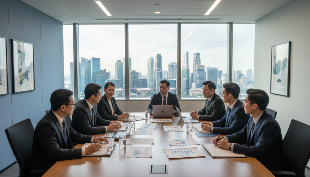 A professional business environment depicting a modern corporate office setting, focusing on a large conference table in the foreground. Seated around the table are diverse business professionals in formal attire, engaged in a discussion about tax strategies, with financial documents and laptops open in front of them. In the middle ground, a large window provides a view of Singapore's skyline, showcasing iconic skyscrapers and the Marina Bay area in soft daylight. The background features a sleek, minimalist design with subtle colors, creating a focused and serious atmosphere. The image is well-lit with natural light flooding in, emphasizing the professionalism and urgency of tax considerations in a business sale, captured from a slightly elevated angle for clarity and depth. A professional business environment depicting a modern corporate office setting, focusing on a large conference table in the foreground. Seated around the table are diverse business professionals in formal attire, engaged in a discussion about tax strategies, with financial documents and laptops open in front of them. In the middle ground, a large window provides a view of Singapore's skyline, showcasing iconic skyscrapers and the Marina Bay area in soft daylight. The background features a sleek, minimalist design with subtle colors, creating a focused and serious atmosphere. The image is well-lit with natural light flooding in, emphasizing the professionalism and urgency of tax considerations in a business sale, captured from a slightly elevated angle for clarity and depth.