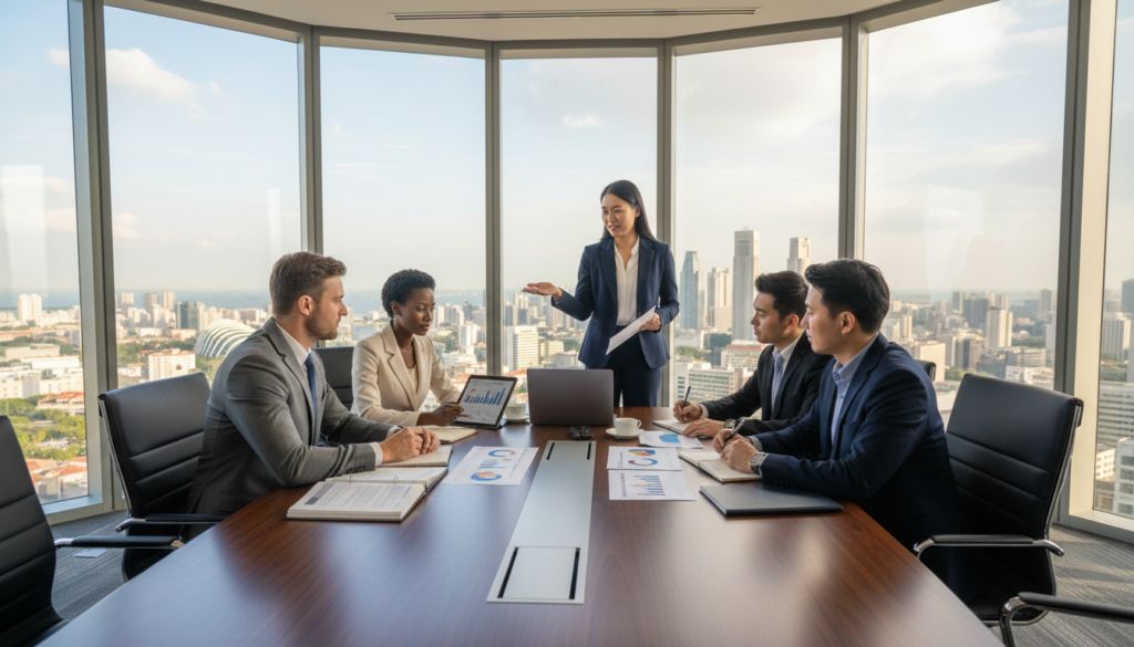 A professional business setting featuring a diverse group of individuals in formal attire engaged in a discussion about director requirements for a company registration in Singapore. In the foreground, a female Asian director, confidently gesturing with a document in hand, represents clarity in the role of directors. In the middle, a group of three professionals—one male Caucasian and one female Black—are seated at a sleek modern conference table, examining a laptop and charts detailing director duties. In the background, a large window reveals a stunning view of the Singapore skyline, reflecting a bright and motivating atmosphere with soft, natural lighting. The image should evoke a serious yet encouraging mood, highlighting the importance of understanding director responsibilities and the resident director requirement in a business context. The lens is slightly angled to create depth, focusing on the interactive element of the discussion.
