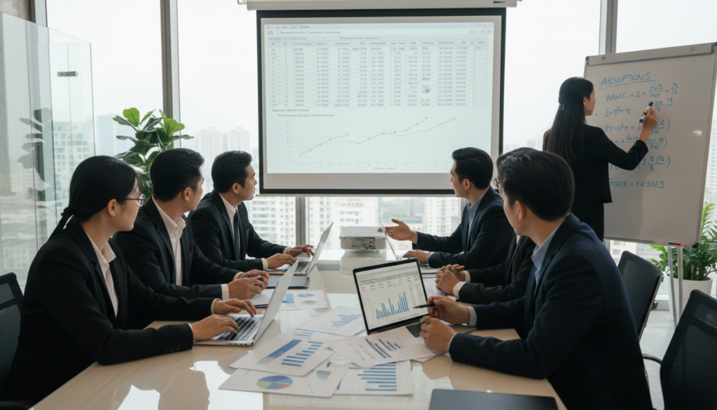 A professional business setting where a diverse group of business analysts, dressed in smart business attire, are engaged in a collaborative meeting around a conference table. The foreground features focused individuals analyzing financial documents, charts, and digital devices displaying valuation sheets. In the middle, there are detailed spreadsheets and graphs projected on a screen illustrating various valuation models, while one analyst writes on a whiteboard filled with formulas and assumptions. The background shows a modern office with large windows letting in natural light, creating a bright and optimistic atmosphere. The image should capture a sense of teamwork and diligence, with a photorealistic style emphasizing clarity, professionalism, and an inviting working environment.