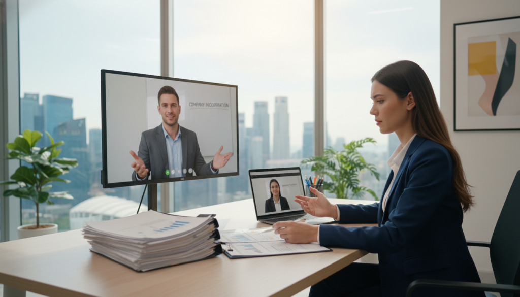A professional corporate service provider assisting clients in a modern office setting. In the foreground, a confident businesswoman in formal attire, reviewing documents on a sleek desk with a laptop open, demonstrating focus and professionalism. In the middle ground, a male colleague in a suit is engaged in a video call, discussing company incorporation with a client on screen, showcasing a collaborative working environment. The background features a large window revealing the Singapore skyline, symbolizing the distant yet connected nature of remote incorporation. The lighting is bright and inviting, with soft natural light flooding the room, creating an atmosphere of productivity and clarity. The image captures the essence of remote corporate services with an emphasis on professionalism and efficiency, photorealistic style.