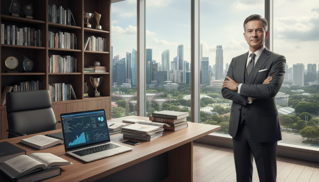 A professional fund manager in a modern office setting, sharply dressed in a tailored suit, stands confidently with crossed arms. In the foreground, a sleek wooden desk is cluttered with financial reports and a laptop displaying analytical charts. The middle ground features a large window with a panoramic view of Singapore’s skyline, showcasing iconic skyscrapers and greenery, indicating a thriving financial hub. In the background, shelves filled with financial books and awards create an atmosphere of expertise and success. Soft, natural lighting streams in through the window, casting gentle shadows and giving the scene a warm yet professional mood. The image should be photorealistic, captured with a slight depth of field, focusing on the fund manager while softly blurring the background for emphasis. A professional fund manager in a modern office setting, sharply dressed in a tailored suit, stands confidently with crossed arms. In the foreground, a sleek wooden desk is cluttered with financial reports and a laptop displaying analytical charts. The middle ground features a large window with a panoramic view of Singapore’s skyline, showcasing iconic skyscrapers and greenery, indicating a thriving financial hub. In the background, shelves filled with financial books and awards create an atmosphere of expertise and success. Soft, natural lighting streams in through the window, casting gentle shadows and giving the scene a warm yet professional mood. The image should be photorealistic, captured with a slight depth of field, focusing on the fund manager while softly blurring the background for emphasis.