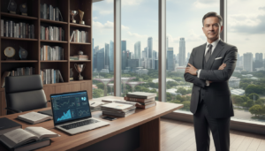 A professional fund manager in a modern office setting, sharply dressed in a tailored suit, stands confidently with crossed arms. In the foreground, a sleek wooden desk is cluttered with financial reports and a laptop displaying analytical charts. The middle ground features a large window with a panoramic view of Singapore’s skyline, showcasing iconic skyscrapers and greenery, indicating a thriving financial hub. In the background, shelves filled with financial books and awards create an atmosphere of expertise and success. Soft, natural lighting streams in through the window, casting gentle shadows and giving the scene a warm yet professional mood. The image should be photorealistic, captured with a slight depth of field, focusing on the fund manager while softly blurring the background for emphasis.