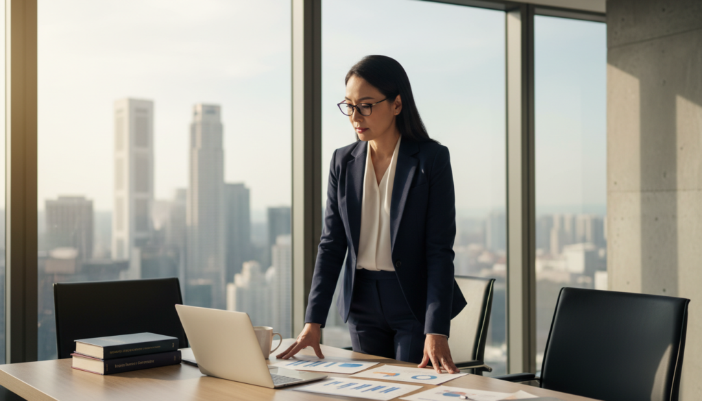 A professional fund manager in a modern office setting, standing confidently at a large conference table. The manager, a middle-aged Asian woman, is wearing a sharp, tailored navy blue suit, with a white blouse and stylish glasses. She is reviewing financial documents and charts, displaying a focused expression. In the background, large windows reveal Singapore’s skyline, bathed in natural light that casts a warm glow. The foreground includes a sleek laptop, investment books, and a coffee mug, emphasizing a busy work environment. The overall atmosphere is one of professionalism, expertise, and trust, suitable for conveying regulatory and compliance themes in finance. Photorealistic quality with soft shadows and depth of field.