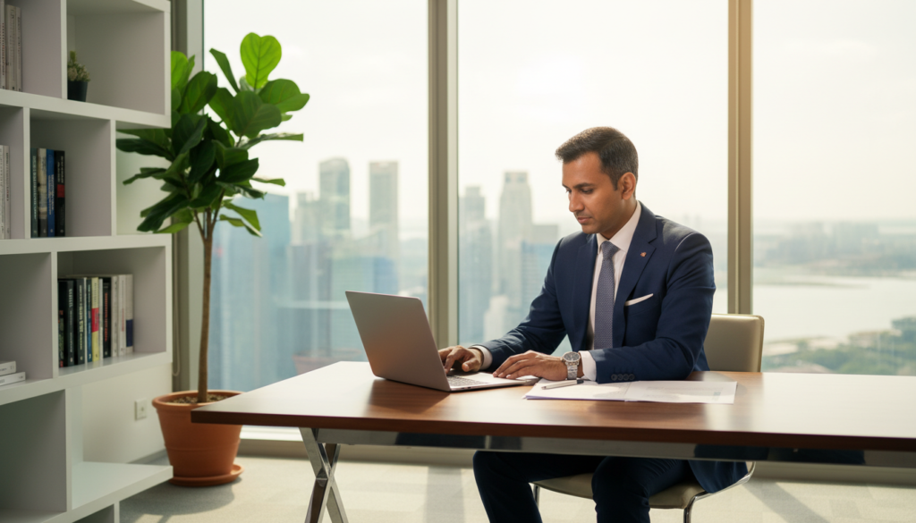 A professional nominee director seated at a sleek modern desk in a well-appointed office, exuding confidence and professionalism. In the foreground, the director, a South Asian man in a tailored navy suit and crisp white shirt, is reviewing documents on his laptop with a focused expression. The middle ground features a large potted plant and a minimalist bookshelf filled with business books, symbolizing knowledge and competence. The background showcases a large cityscape window view of Singapore, with skyscrapers bathed in natural daylight. The atmosphere is vibrant yet calm, suggesting a productive work environment. Soft, diffused lighting enhances the professionalism of the scene, and a slight depth of field blurs the background, drawing focus to the director's engaged demeanor. The image is photorealistic, emphasizing clarity and detail. A professional nominee director seated at a sleek modern desk in a well-appointed office, exuding confidence and professionalism. In the foreground, the director, a South Asian man in a tailored navy suit and crisp white shirt, is reviewing documents on his laptop with a focused expression. The middle ground features a large potted plant and a minimalist bookshelf filled with business books, symbolizing knowledge and competence. The background showcases a large cityscape window view of Singapore, with skyscrapers bathed in natural daylight. The atmosphere is vibrant yet calm, suggesting a productive work environment. Soft, diffused lighting enhances the professionalism of the scene, and a slight depth of field blurs the background, drawing focus to the director's engaged demeanor. The image is photorealistic, emphasizing clarity and detail.