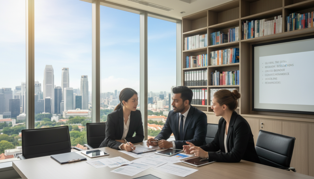 A professional office environment set within a modern workspace, focused on a group of three diverse foreign business founders engaged in a discussion over compliance tax reporting documents. In the foreground, the founders, dressed in smart business attire, are examining tax forms and spreadsheets scattered across a sleek conference table. The middle ground includes a large window revealing a city skyline of Singapore, emphasizing a bright and optimistic atmosphere. Background elements display bookshelves filled with financial and legal literature, while a projector screen subtly lists key compliance points. Soft, natural light bathes the room, creating a warm and inviting mood. The image captures an essence of collaboration and professionalism in navigating compliance and tax responsibilities. A professional office environment set within a modern workspace, focused on a group of three diverse foreign business founders engaged in a discussion over compliance tax reporting documents. In the foreground, the founders, dressed in smart business attire, are examining tax forms and spreadsheets scattered across a sleek conference table. The middle ground includes a large window revealing a city skyline of Singapore, emphasizing a bright and optimistic atmosphere. Background elements display bookshelves filled with financial and legal literature, while a projector screen subtly lists key compliance points. Soft, natural light bathes the room, creating a warm and inviting mood. The image captures an essence of collaboration and professionalism in navigating compliance and tax responsibilities.