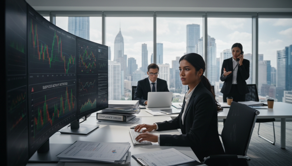 A professional office setting dedicated to "ongoing monitoring" of financial activities, featuring a diverse team of three business professionals in smart business attire. In the foreground, one person monitors data on a large screen displaying graphs and suspicious activity alerts, their focused expression highlighting the urgency of the task. The middle ground features another professional working on a laptop, surrounded by documents and compliance checklists, while the third member engages in discussion over a conference table cluttered with reports. The background shows floor-to-ceiling windows with a city skyline, indicating a modern corporate atmosphere. Soft, natural lighting illuminates the scene, creating a serious yet collaborative mood, while the lens captures the action at a slight angle for dynamic perspective.