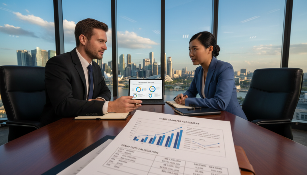 A professional office setting depicting a serene meeting between two business professionals, one male and one female, both in formal business attire, discussing share transfers in front of a large wooden conference table. In the foreground, a detailed document showcasing illustrative graphs and numerical figures related to stamp duty on share transfers lies open. In the middle ground, a digital tablet displays a clear financial summary, while the background features a glass wall revealing a panoramic view of Singapore's skyline, highlighting the vibrant city. Soft natural light filters through the windows, casting gentle shadows, creating an atmosphere of focused collaboration and professionalism. The lens captures the scene with a shallow depth of field to emphasize the document and the figures while still maintaining a soft blur of the vibrant cityscape outside.