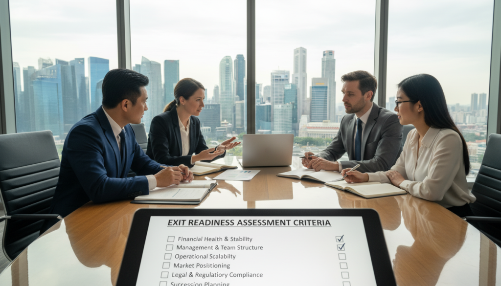 A professional office setting, focused on a group of four diverse business professionals engaged in a serious discussion about exit readiness assessment strategies. In the foreground, a close-up of a detailed checklist on a tablet displaying key assessment criteria, while the middle ground shows the group gathered around a sleek conference table, covered with documents and a laptop. The background features a large window with a view of Singapore’s skyline, illuminated by soft natural daylight. The atmosphere is serious yet optimistic, reflecting the gravity of the topic. The individuals dressed in professional business attire exhibit attentiveness and collaboration, using hand gestures to emphasize points. Photorealistic style, captured in a slight overhead angle to encapsulate the dynamics of the meeting. A professional office setting, focused on a group of four diverse business professionals engaged in a serious discussion about exit readiness assessment strategies. In the foreground, a close-up of a detailed checklist on a tablet displaying key assessment criteria, while the middle ground shows the group gathered around a sleek conference table, covered with documents and a laptop. The background features a large window with a view of Singapore’s skyline, illuminated by soft natural daylight. The atmosphere is serious yet optimistic, reflecting the gravity of the topic. The individuals dressed in professional business attire exhibit attentiveness and collaboration, using hand gestures to emphasize points. Photorealistic style, captured in a slight overhead angle to encapsulate the dynamics of the meeting.