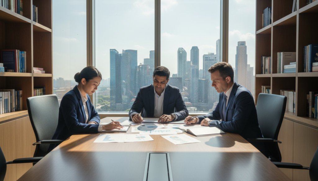 A professional office setting in Singapore, with a sleek conference table in the foreground where a diverse group of three business professionals, two men and one woman, are engaged in a discussion, reviewing documents and financial reports. They are dressed in professional business attire. The middle ground features a large window with a view of Singapore's skyline, allowing natural light to flood the room, creating an atmosphere of focus and determination. The background includes shelves filled with books on finance and law, enhancing the intellectual mood. The overall lighting is bright and clear, adding to the sense of transparency and trust that is crucial in the due diligence process. The image evokes a feeling of professionalism and careful evaluation, highlighting the importance of due diligence in making informed business decisions. A professional office setting in Singapore, with a sleek conference table in the foreground where a diverse group of three business professionals, two men and one woman, are engaged in a discussion, reviewing documents and financial reports. They are dressed in professional business attire. The middle ground features a large window with a view of Singapore's skyline, allowing natural light to flood the room, creating an atmosphere of focus and determination. The background includes shelves filled with books on finance and law, enhancing the intellectual mood. The overall lighting is bright and clear, adding to the sense of transparency and trust that is crucial in the due diligence process. The image evokes a feeling of professionalism and careful evaluation, highlighting the importance of due diligence in making informed business decisions.
