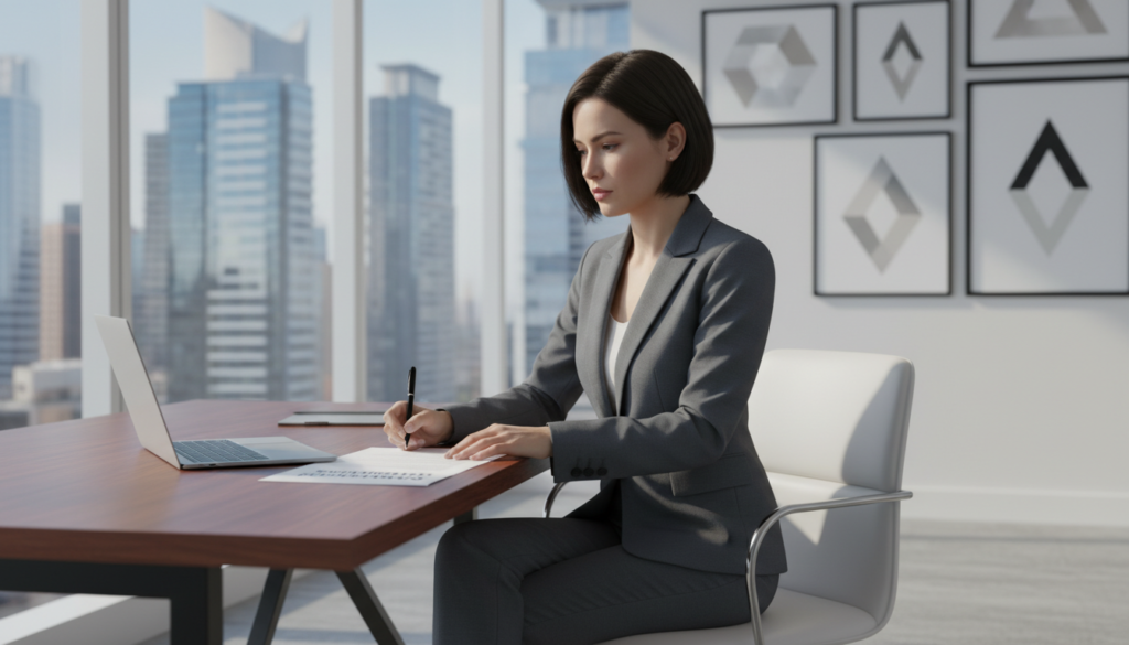 A professional office setting reflects an atmosphere of decisiveness and clarity. In the foreground, a smartly dressed businesswoman, in a tailored suit, sits at a sleek desk with a laptop open, her expression serious yet calm as she reviews a cancellation document with a pen in hand. In the middle ground, a modern office with large windows showcases a cityscape view, symbolizing the virtual office environment. Soft natural light floods the room, highlighting the details of the furniture and decor. The background features a wall with minimalist artwork, adding a sense of professionalism. The overall mood is focused and contemplative, conveying the process of canceling a subscription with seriousness and care, captured in a photorealistic style with a slight depth of field effect.
