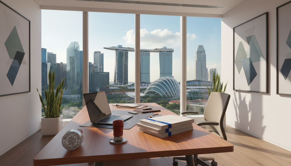 A professional office setting showcasing a registered business address in Singapore. In the foreground, a modern wooden desk with a laptop, legal documents, and an official seal prominently displayed, symbolizing compliance. In the middle, a large window reveals a view of Singapore's skyline with iconic buildings, such as Marina Bay Sands and the Skyline Tower. The background features a clean, minimalist office with potted plants and abstract art on the walls, conveying a professional atmosphere. Soft, natural lighting streams in through the window, casting gentle shadows, and creating a warm, inviting tone. The image captures the essence of corporate professionalism and the importance of legality in company management. A professional office setting showcasing a registered business address in Singapore. In the foreground, a modern wooden desk with a laptop, legal documents, and an official seal prominently displayed, symbolizing compliance. In the middle, a large window reveals a view of Singapore's skyline with iconic buildings, such as Marina Bay Sands and the Skyline Tower. The background features a clean, minimalist office with potted plants and abstract art on the walls, conveying a professional atmosphere. Soft, natural lighting streams in through the window, casting gentle shadows, and creating a warm, inviting tone. The image captures the essence of corporate professionalism and the importance of legality in company management.