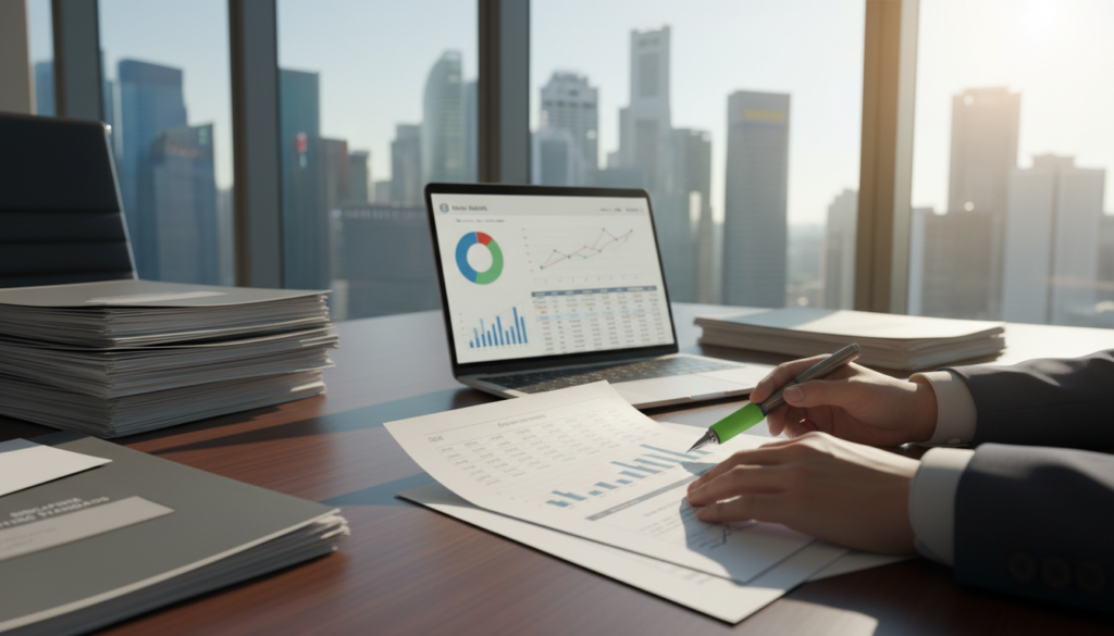 A professional office setting showcasing a sleek wooden desk adorned with neatly arranged financial statements and reports. In the foreground, a pair of hands in business attire gracefully reviewing a financial statement, highlighting figures and graphs. The middle ground features a laptop displaying financial software with colorful pie charts and bar graphs. In the background, a large window shows natural light streaming in, illuminating the room with a warm glow, and cityscape visible outside. The atmosphere is focused and productive, capturing the essence of financial diligence and professionalism, inviting viewers into the world of financial statement preparation under Singapore rules. Photorealistic, with soft shadows and a depth of field effect to draw attention to the documents.