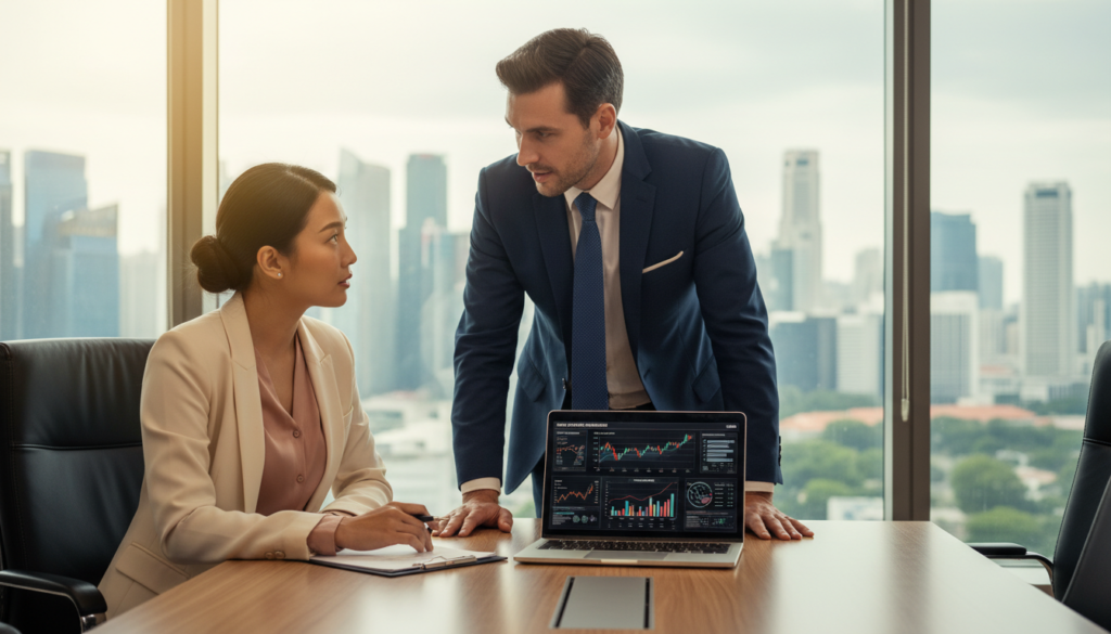 A professional office setting with a sleek conference table at the foreground, where two business professionals, a man and a woman, are engaged in a serious discussion about share purchase. The man is in a tailored navy suit with a smart tie, while the woman wears a stylish blouse and blazer, both exuding confidence and expertise. In the middle ground, there are digital documents and charts displayed on a laptop, showcasing financial data and potential deal structures. The background features a large window with a cityscape view of Singapore, allowing natural light to illuminate the room. The atmosphere is focused and collaborative, conveying the importance of strategic planning in the company acquisition process. The image is photorealistic, with soft shadows and a warm color palette to create a professional yet inviting mood.