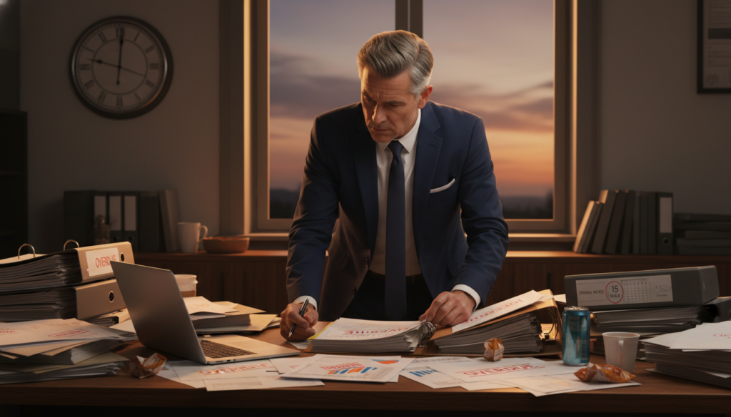 A professional office setting with a wooden desk cluttered with paperwork representing late annual returns. In the foreground, a focused business professional in formal attire, a middle-aged man, is reviewing a stack of overdue documents with a concerned expression. In the middle, an open laptop displays financial spreadsheets and a calendar showing a red circle around a past due date. The background features a window with natural light streaming in, casting soft shadows, and a clock on the wall indicating the time is late in the day. The overall mood conveys urgency and concern for deadlines, accentuated by warm lighting that creates a slightly tense atmosphere. Photorealistic detail captures the seriousness of the situation. A professional office setting with a wooden desk cluttered with paperwork representing late annual returns. In the foreground, a focused business professional in formal attire, a middle-aged man, is reviewing a stack of overdue documents with a concerned expression. In the middle, an open laptop displays financial spreadsheets and a calendar showing a red circle around a past due date. The background features a window with natural light streaming in, casting soft shadows, and a clock on the wall indicating the time is late in the day. The overall mood conveys urgency and concern for deadlines, accentuated by warm lighting that creates a slightly tense atmosphere. Photorealistic detail captures the seriousness of the situation.