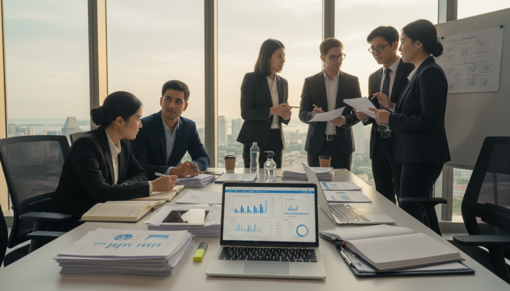 A professional workspace depicting a MAS application preparation and submission process. In the foreground, a detailed view of a modern desk cluttered with application forms, a laptop displaying financial software, and neatly organized documents. In the middle ground, a diverse group of professionals in business attire collaborate, analyzing papers and discussing strategies. The background features a large window with a view of Singapore’s skyline, showcasing iconic buildings. Soft, natural lighting floods the room, creating a focused and diligent atmosphere. The scene is framed as if captured with a 35mm lens, ensuring clarity and depth, conveying a sense of urgency and professionalism in fund management.
