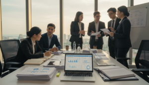 A professional workspace depicting a MAS application preparation and submission process. In the foreground, a detailed view of a modern desk cluttered with application forms, a laptop displaying financial software, and neatly organized documents. In the middle ground, a diverse group of professionals in business attire collaborate, analyzing papers and discussing strategies. The background features a large window with a view of Singapore’s skyline, showcasing iconic buildings. Soft, natural lighting floods the room, creating a focused and diligent atmosphere. The scene is framed as if captured with a 35mm lens, ensuring clarity and depth, conveying a sense of urgency and professionalism in fund management.