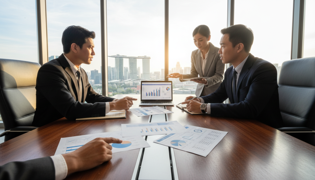 A sleek and modern office setting representing fund management, featuring a large conference table with a group of three professionals in business attire engaged in discussion. The foreground highlights a close-up of diverse hands pointing at financial charts and documents on the table. In the middle, the three individuals—two men and one woman—carefully analyze data on a laptop and share insights, showcasing a collaborative atmosphere. The background portrays a panoramic view of Singapore's skyline through large glass windows, with a bright, natural light flooding the room, creating an optimistic mood. The overall scene conveys professionalism and focus on the intricacies of choosing the right approval route for fund management activities.