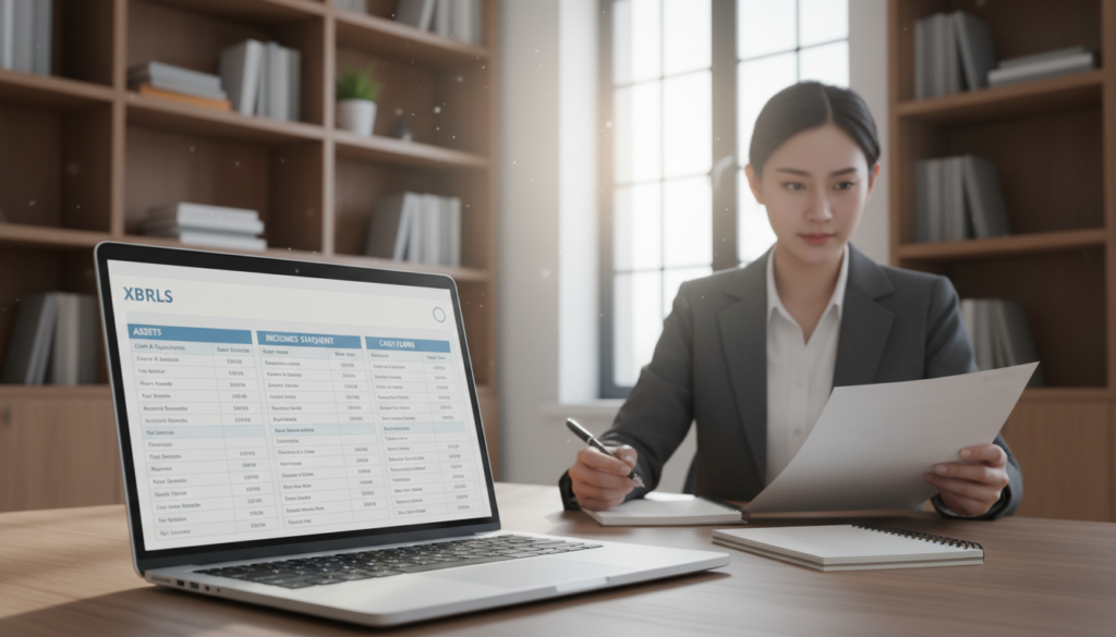 A sleek and organized workspace showcasing an XBRL template in the foreground, featuring clear, labeled sections for financial data. The template is displayed on a modern, silver laptop with a glowing screen, casting a soft light. In the middle ground, a professional individual in business attire can be seen reviewing documents and taking notes. The background features a blurred office setting with bookshelves filled with finance-related literature and a large window letting in natural light, creating a bright and focused atmosphere. The overall mood is one of professionalism and attention to detail, highlighting the importance of precise financial statements preparation. Photorealistic style with an emphasis on clarity and organization.