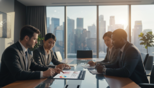 A sleek, modern conference room bathed in natural light, featuring a long rectangular table with business professionals dressed in smart business attire. In the foreground, a diverse group of three individuals—two men and one woman—review documents and charts illustrating share purchase agreements on a digital tablet. In the middle ground, there is a large window showcasing the Singapore skyline, with skyscrapers glimmering in the sunlight. The atmosphere is focused and collaborative, capturing the essence of negotiation and strategic decision-making. The image should have a photorealistic quality, with a slight depth of field effect to emphasize the foreground while keeping the background slightly blurred, creating a professional and engaging scene.
