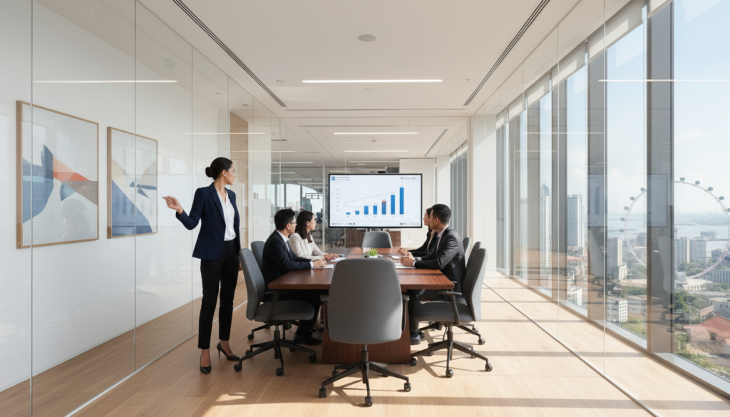 A sleek, modern meeting room with a large wooden conference table at the center, surrounded by comfortable ergonomic chairs. The walls are adorned with contemporary artwork and glass partitions that allow natural light to flood the space. In the foreground, a professional businesswoman in smart attire is standing by a digital screen, discussing a presentation with a group seated at the table. In the background, a view of the Singapore skyline can be seen through the floor-to-ceiling windows, adding a touch of city life. The lighting is bright and inviting, casting soft shadows on the polished wooden floor. Capture this scene from a slightly elevated angle to emphasize the spaciousness and functionality of the room, creating a vibrant and productive atmosphere. A sleek, modern meeting room with a large wooden conference table at the center, surrounded by comfortable ergonomic chairs. The walls are adorned with contemporary artwork and glass partitions that allow natural light to flood the space. In the foreground, a professional businesswoman in smart attire is standing by a digital screen, discussing a presentation with a group seated at the table. In the background, a view of the Singapore skyline can be seen through the floor-to-ceiling windows, adding a touch of city life. The lighting is bright and inviting, casting soft shadows on the polished wooden floor. Capture this scene from a slightly elevated angle to emphasize the spaciousness and functionality of the room, creating a vibrant and productive atmosphere.