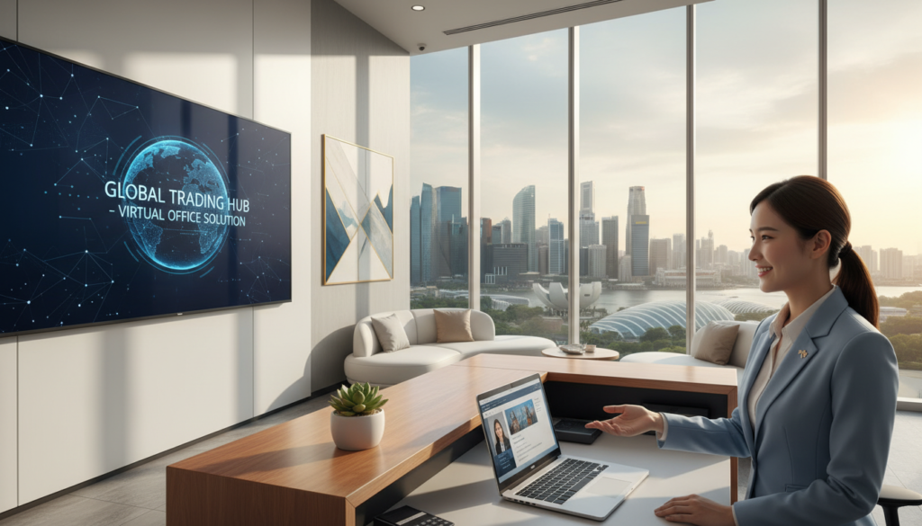 A sleek, modern office reception area in Singapore, showcasing a virtual business address setup. In the foreground, a polished wooden desk with a stylish laptop and a potted plant, exuding professionalism. In the middle, a friendly receptionist in professional attire, smiling and engaged, surrounded by contemporary office decor. The background features large windows with a view of the iconic Singapore skyline, bathed in soft, natural sunlight, creating an inviting atmosphere. Use a wide-angle lens to capture depth and detail, emphasizing the harmony between technology and a welcoming environment. The overall mood should be aspirational and vibrant, reflecting innovation in the trading sector. A sleek, modern office reception area in Singapore, showcasing a virtual business address setup. In the foreground, a polished wooden desk with a stylish laptop and a potted plant, exuding professionalism. In the middle, a friendly receptionist in professional attire, smiling and engaged, surrounded by contemporary office decor. The background features large windows with a view of the iconic Singapore skyline, bathed in soft, natural sunlight, creating an inviting atmosphere. Use a wide-angle lens to capture depth and detail, emphasizing the harmony between technology and a welcoming environment. The overall mood should be aspirational and vibrant, reflecting innovation in the trading sector.