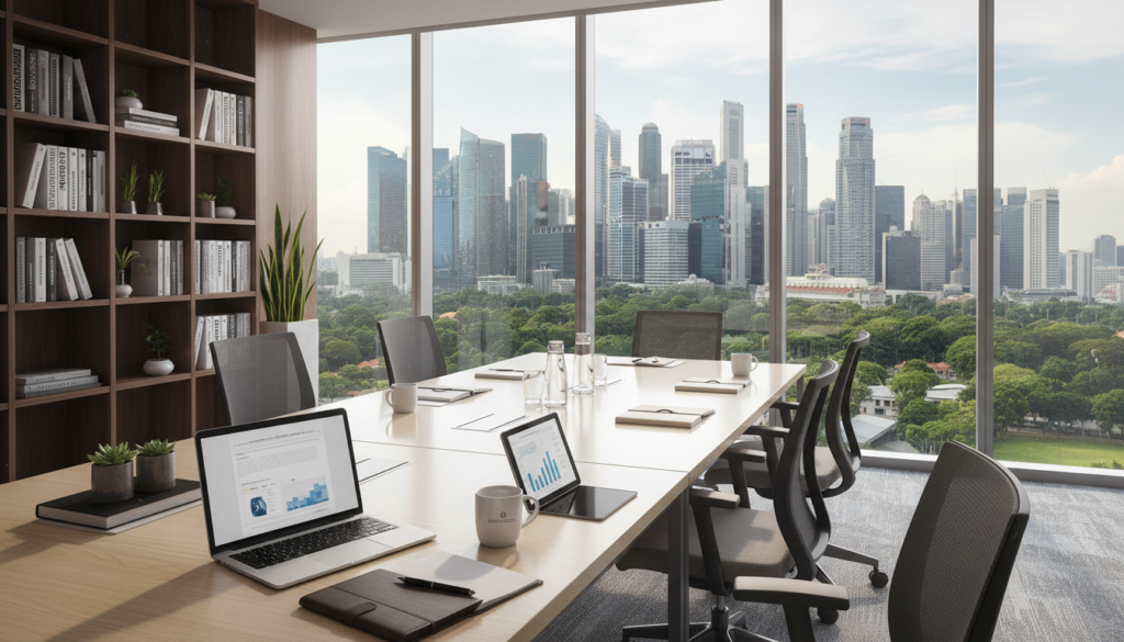 A sleek, modern office space designed for a consulting business, featuring a large conference table surrounded by ergonomic chairs. In the foreground, a neatly organized desk with a laptop, notepad, and a coffee mug, reflecting a professional atmosphere. The middle ground showcases a large glass window revealing a panoramic view of Singapore's skyline, filled with contemporary skyscrapers and greenery. Soft, natural light flows in, giving the scene a warm and inviting glow. In the background, a stylish bookshelf filled with business books and decorative plants adds a touch of sophistication. The overall mood is professional, innovative, and conducive to collaboration, evoking a sense of productivity and success in a virtual office environment. A sleek, modern office space designed for a consulting business, featuring a large conference table surrounded by ergonomic chairs. In the foreground, a neatly organized desk with a laptop, notepad, and a coffee mug, reflecting a professional atmosphere. The middle ground showcases a large glass window revealing a panoramic view of Singapore's skyline, filled with contemporary skyscrapers and greenery. Soft, natural light flows in, giving the scene a warm and inviting glow. In the background, a stylish bookshelf filled with business books and decorative plants adds a touch of sophistication. The overall mood is professional, innovative, and conducive to collaboration, evoking a sense of productivity and success in a virtual office environment.