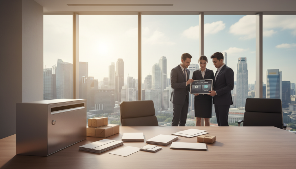 A sleek, modern office space with a large wooden desk in the foreground, clutter-free and organized. On the desk, there's a stylish mailbox and a neatly arranged stack of envelopes and packages, symbolizing efficient mail management. In the middle ground, a professional team of three individuals, dressed in smart business attire, collaborates around a digital tablet displaying mail forwarding options, showcasing a sense of teamwork and productivity. In the background, large windows let in natural light, illuminating the modern cityscape of Singapore, with its iconic skyscrapers visible. The atmosphere is one of professionalism, efficiency, and a bustling business environment, captured in photorealistic detail with soft, warm lighting to enhance the welcoming vibe.