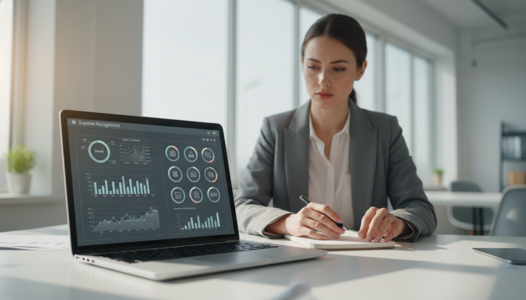 A sleek, modern office workspace featuring a laptop displaying a sophisticated expense management software interface on the screen. In the foreground, there are clear charts and graphs illustrating expense data, with icons for various financial categories. The middle ground includes a professional businesswoman in smart attire analyzing the data with a focused expression, while a notepad and pen are nearby for note-taking. The background showcases a bright, airy office environment with large windows letting in natural light, creating a productive atmosphere. Soft shadows enhance the depth and realism of the scene, shot from a slightly elevated angle to capture both the screen and the professional engaged in work. The overall mood is one of efficiency and professionalism, suitable for a collaborative business setting.